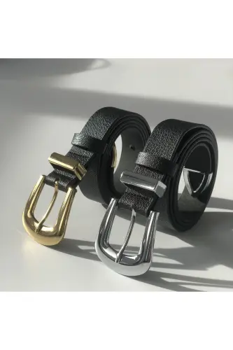2'li Köprü Toka Uç Takım Kadın Pantolon Kemeri, Ceket Kemeri, Elbise Kemeri, Gömlek Kemeri - Siyah-Gold&Gümüş 