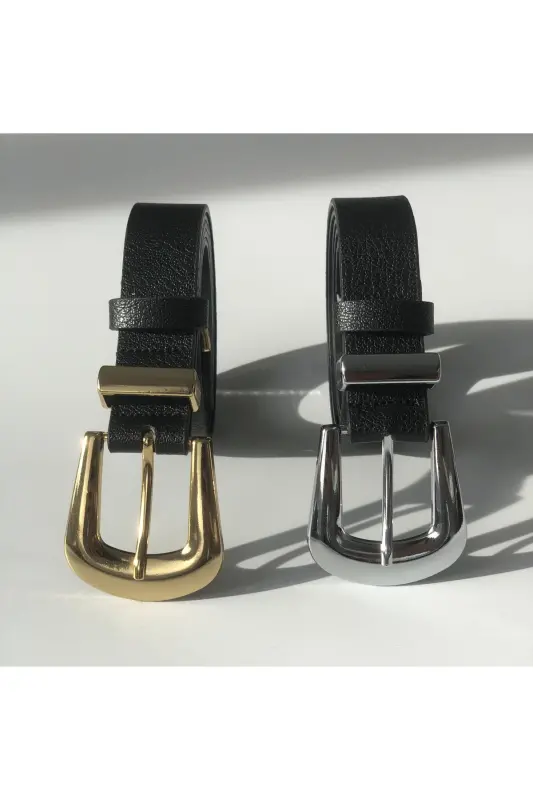 2'li Köprü Toka Uç Takım Kadın Pantolon Kemeri, Ceket Kemeri, Elbise Kemeri, Gömlek Kemeri - Siyah-Gold&Gümüş - 3