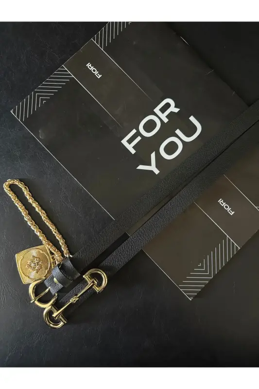 2li Kral Zincirli Madalyon Detaylı Kadın Pantolon Kemeri, Ceket Kemeri, Elbise Kemeri, Gömlek Kemeri-Siyah2li - 3