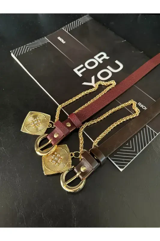 2’li Kral Zincirli Madalyon Detaylı Kadın Pantolon Kemeri,Ceket Kemeri, Elbise Kemeri, Gömlek Kemeri-Bordo - 2