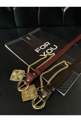 2’li Kral Zincirli Madalyon Detaylı Kadın Pantolon Kemeri,Ceket Kemeri, Elbise Kemeri, Gömlek Kemeri-Bordo - 3