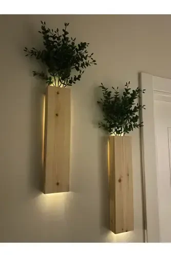 2 Li Ledli Ahşap Çiçeklik Dekoratif Aydınlatma Yapay Çiçek Balkon Dekor Bohem Rustik Pil Hariç 40cm-Şeffaf - 2