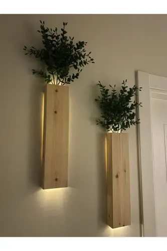 2'li Ledli Ahşap Çiçeklik Dekoratif Aydınlatma Yapay Çiçek Balkon Dekor Bohem Rustik Pil Hariç 40cm-Şeffaf - VIRAHOME (1)
