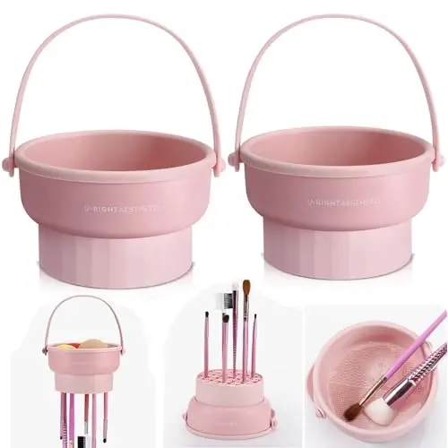 2 Pack Makeup Brush Cleaner Mat 3 in 1 Silicone Makeup Brush Cleaner Makeup Brush Cleaning Bowl Makeup Brush Sponge Scrubber Tool for Cleaning, Storage And Upside Down Drying（Two Pink) - 1
