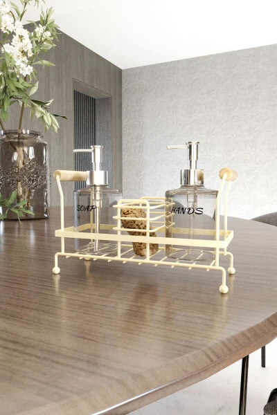 2’li Metal Standlı Plastik Sıvı Sabun Şişesi Sabunluk 500 ml Krem - SUNTEL (1)