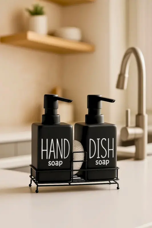 2'li Metal Stantlı ve Süngerli Kare Sıvı Sabunluk Mutfak Seti, Hand and Dish Fenomen Set 400 ML-Kare Siyah - 2