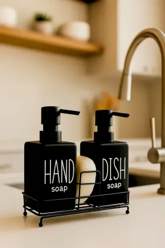 2'li Metal Stantlı ve Süngerli Kare Sıvı Sabunluk Mutfak Seti, Hand and Dish Fenomen Set 400 ML-Kare Siyah 