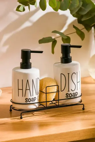 2'li Metal Stantlı ve Süngerli Sıvı Sabunluk Mutfak ve Banyo Seti, Hand and Dish Fenomen Set 500 ML-Beyaz 