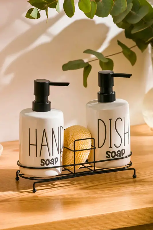 2'li Metal Stantlı ve Süngerli Sıvı Sabunluk Mutfak ve Banyo Seti, Hand and Dish Fenomen Set 500 ML-Beyaz - 1