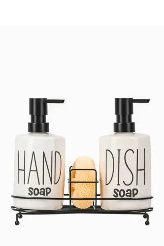 2'li Metal Stantlı ve Süngerli Sıvı Sabunluk Mutfak ve Banyo Seti, Hand and Dish Fenomen Set 500 ML-Beyaz - 4