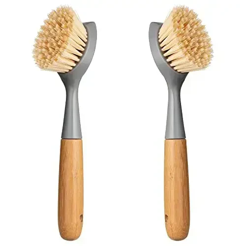 2 Pack Kitchen Dish Brush Bamboo Handle Dish Scrubber Built-in Scraper, Scrub Brush for Pans, Pots, Kitchen Sink Cleaning, Dishwashing and Cleaning Brushes are Perfect Cleaning Tools, Color-Gray - 1