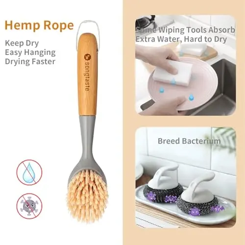 2 Pack Kitchen Dish Brush Bamboo Handle Dish Scrubber Built-in Scraper, Scrub Brush for Pans, Pots, Kitchen Sink Cleaning, Dishwashing and Cleaning Brushes are Perfect Cleaning Tools, Color-Gray - SONGTASTE (1)