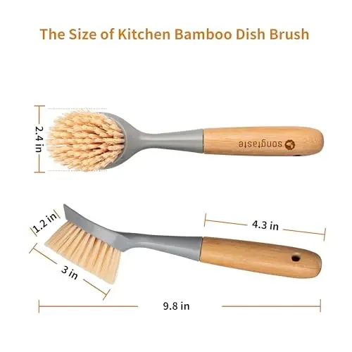 2 Pack Kitchen Dish Brush Bamboo Handle Dish Scrubber Built-in Scraper, Scrub Brush for Pans, Pots, Kitchen Sink Cleaning, Dishwashing and Cleaning Brushes are Perfect Cleaning Tools, Color-Gray - 6