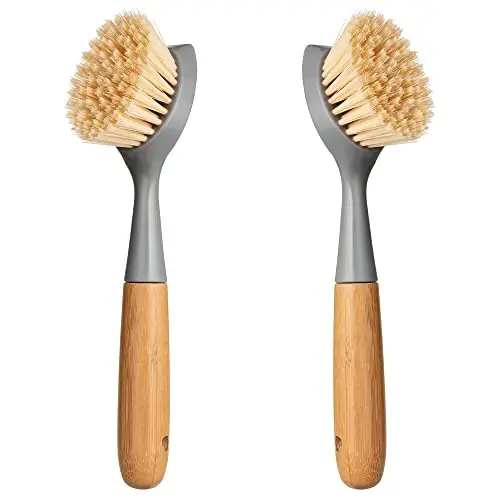 2 Pack Kitchen Dish Brush Bamboo Handle Dish Scrubber Built-in Scraper, Scrub Brush for Pans, Pots, Kitchen Sink Cleaning, Dishwashing and Cleaning Brushes are Perfect Cleaning Tools, Color-Gray - 1