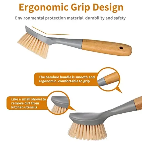 2 Pack Kitchen Dish Brush Bamboo Handle Dish Scrubber Built-in Scraper, Scrub Brush for Pans, Pots, Kitchen Sink Cleaning, Dishwashing and Cleaning Brushes are Perfect Cleaning Tools, Color-Gray - 4
