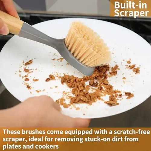 2 Pack Kitchen Dish Brush Bamboo Handle Dish Scrubber Built-in Scraper, Scrub Brush for Pans, Pots, Kitchen Sink Cleaning, Dishwashing and Cleaning Brushes are Perfect Cleaning Tools, Color-Gray - 5