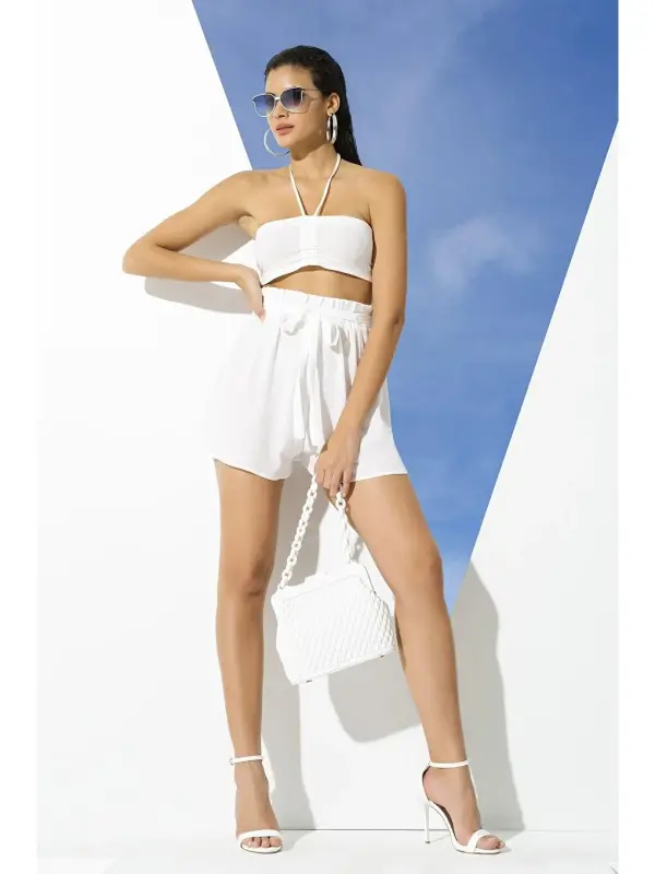 2'li Organic Cotton Ecru Bustier Shorts Set-White - LC WAIKIKI