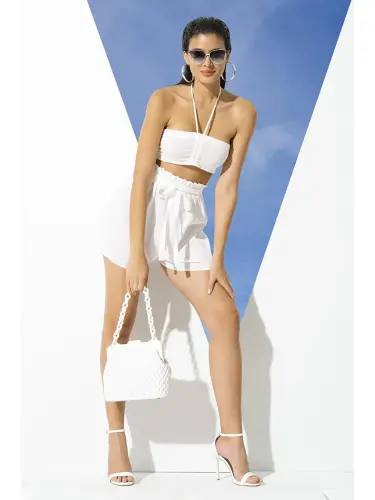 2'li Organic Cotton Ecru Bustier Shorts Set-White - 4