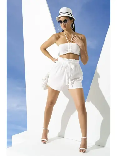 2'li Organic Cotton Ecru Bustier Shorts Set-White - 5