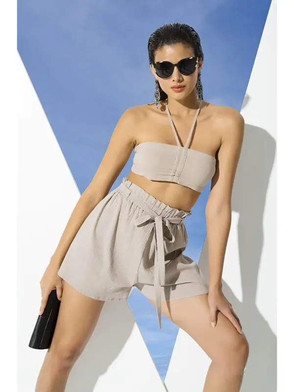 2'li Organic Cotton Thread Bustier Shorts Set-Beige - 2