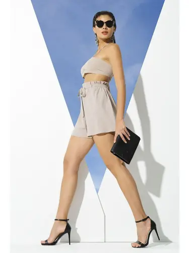 2'li Organic Cotton Thread Bustier Shorts Set-Beige - 3