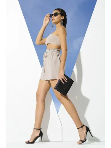 2'li Organic Cotton Thread Bustier Shorts Set-Beige - 5