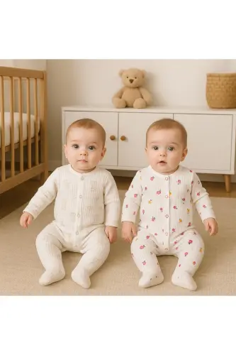 2'li Organik Bebek Tulum-Beyazçiçekli - ANNE DOKUNUŞU GIBI KUZUM BEBE (1)