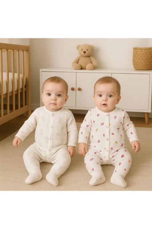 2'li Organik Bebek Tulum-Beyazçiçekli - 2