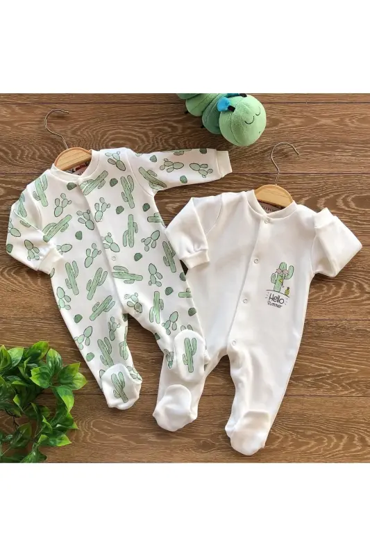 2'li Organik Pamuklu Patikli Bebek Tulum Takım Kaktüs - 1