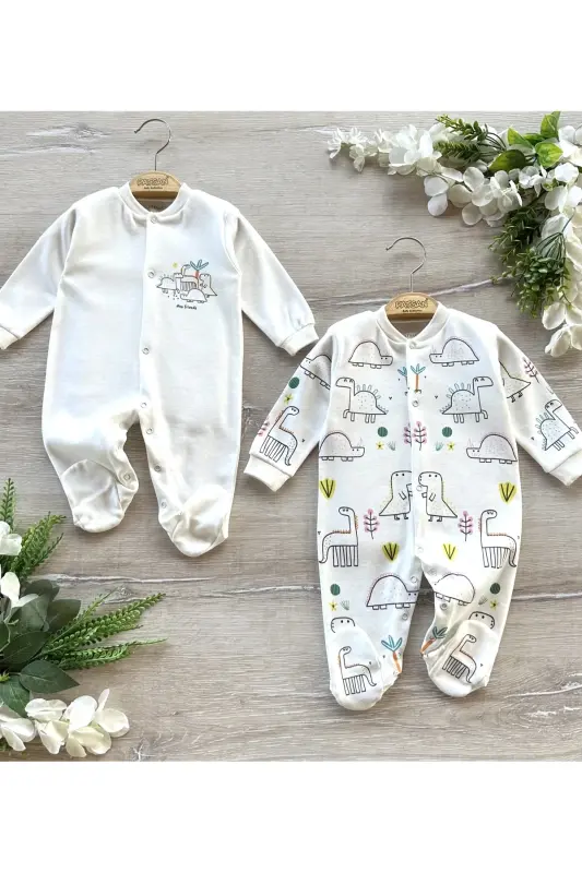 2'li Organik Pamuklu Penye Patikli Bebek Tulumu Takımı Dinozorlar - 1