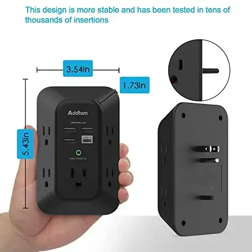2 Pack Addtam USB Wall Charger Surge Protector, 5 Outlet Extender with 4 USB Charging Ports (1 USB C Outlet) 3 Sided 1800J Power Strip Multi Plug Outlets, Wall Adapter Spaced for Home Office, Black - 6