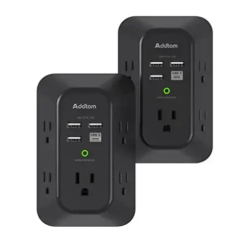 2 Pack Addtam USB Wall Charger Surge Protector, 5 Outlet Extender with 4 USB Charging Ports (1 USB C Outlet) 3 Sided 1800J Power Strip Multi Plug Outlets, Wall Adapter Spaced for Home Office, Black 