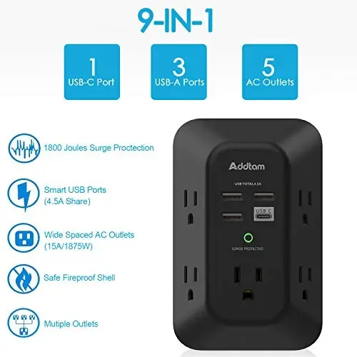 2 Pack Addtam USB Wall Charger Surge Protector, 5 Outlet Extender with 4 USB Charging Ports (1 USB C Outlet) 3 Sided 1800J Power Strip Multi Plug Outlets, Wall Adapter Spaced for Home Office, Black - 2