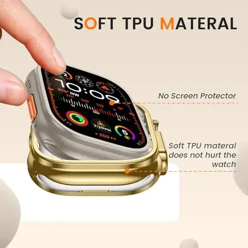 [2 Pack] Goton Bumper Case for Apple Watch 49mm, [No Screen Protector] Slim Soft TPU Shockproof Case Cover Bumper Protector Accessories for iWatch Ultra 3/Ultra 2/Ultra, 49mm Gold+Gold - 5