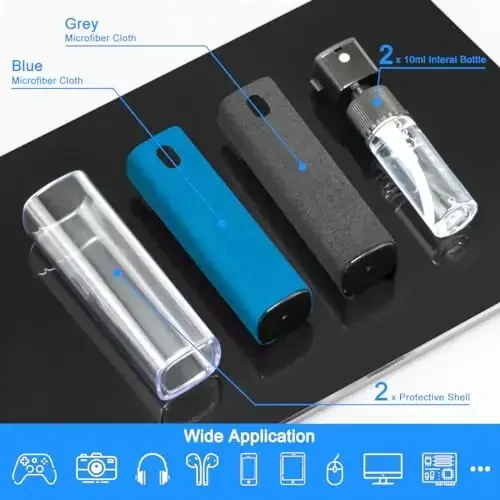 2 Pack Car Touch Screen Mist Cleaner, walrfid Laptop Screens and Phone Touchscreen Cleaning Kit for iPad, iPhone, MacBook Pro with Aipods Cleaning Pen, Small Brush and Eyeglass Cloth - Grey and Blue - WALRFID (1)