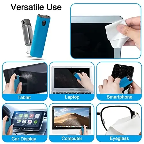 2 Pack Car Touch Screen Mist Cleaner, walrfid Laptop Screens and Phone Touchscreen Cleaning Kit for iPad, iPhone, MacBook Pro with Aipods Cleaning Pen, Small Brush and Eyeglass Cloth - Grey and Blue - 4