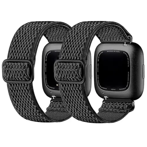 2 Pack Waterproof Bands Compatible with Fitbit Versa 2 Bands for Women Men | Soft Adjustable Nylon Breathable Replacement Wristbands, (black+black) 