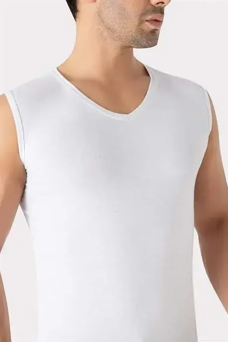 2'li Paket Erkek Beyaz Siyah V Yaka Kolsuz Tişört Atlet Pamuklu Likralı Esnek ve Yumuşak Kumaş - 6