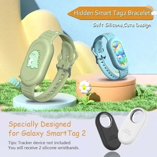 [2Pack] Cute Bracelet for Galaxy SmartTag 2 (2023), Silicone Cartoon Smart Tag 2 Wristband Holder Compatible with Samsung SmartTag 2 Waterproof Smart Tag 2 Case for Kids Elderly (Dinosaurs & Whales) - 2