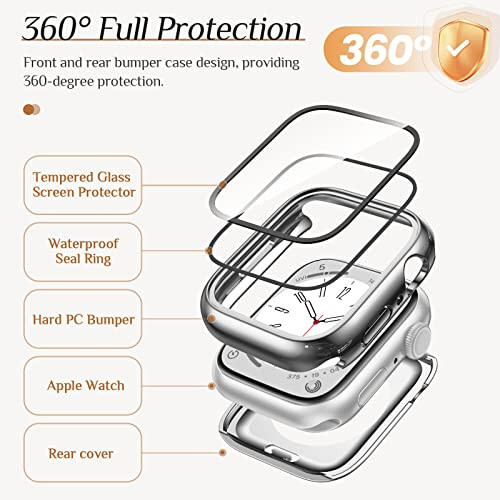 2'li Paket Goton Su Geçirmez Apple Watch Kılıfı Serisi 9 8 7 Ekran Koruyucu 41mm, 360 Derece Koruyucu Cam Ön Kapak + Arka Tampon iWatch Aksesuarları 41 mm Gümüş/Rose Gold - 5