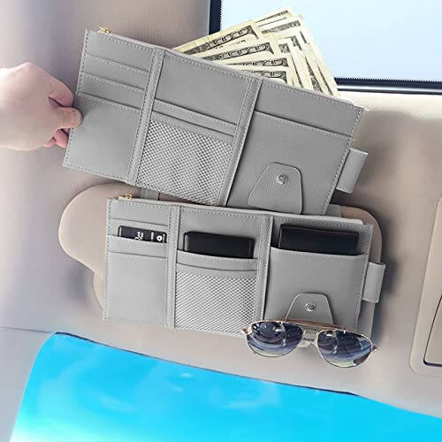 2 Packs Gray Car Sun Visor Organizer, Sunglasses Holders for Car Sun Visor, PU Leather, Auto Interior Accessories Storage Travel Document Holder with Multi Pocket - 1