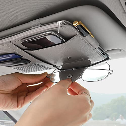 2 Packs Gray Car Sun Visor Organizer, Sunglasses Holders for Car Sun Visor, PU Leather, Auto Interior Accessories Storage Travel Document Holder with Multi Pocket - SADYFON (1)