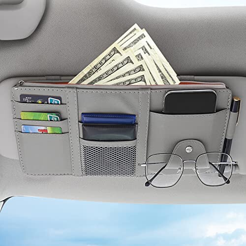 2 Packs Gray Car Sun Visor Organizer, Sunglasses Holders for Car Sun Visor, PU Leather, Auto Interior Accessories Storage Travel Document Holder with Multi Pocket - 4