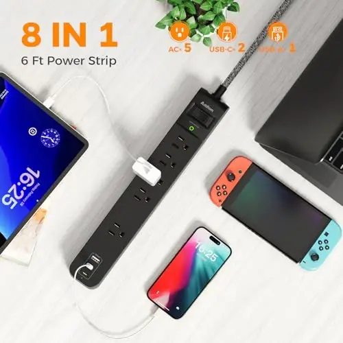 2 Pack Power Strip Surge Protector - 5 Widely Spaced Outlets 3 USB Charging Ports, 1875W/15A 6Ft Braided Extension Cord, Flat Plug Overload Protection, Wall Mount for Home Office Dorm Room Essentials - 1