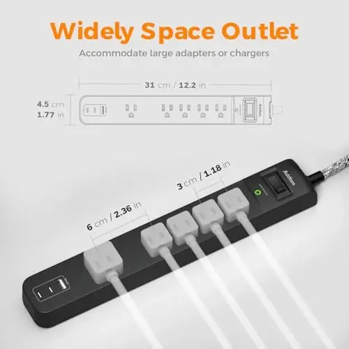 2 Pack Power Strip Surge Protector - 5 Widely Spaced Outlets 3 USB Charging Ports, 1875W/15A 6Ft Braided Extension Cord, Flat Plug Overload Protection, Wall Mount for Home Office Dorm Room Essentials - 2