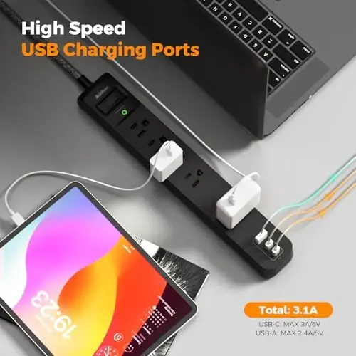 2 Pack Power Strip Surge Protector - 5 Widely Spaced Outlets 3 USB Charging Ports, 1875W/15A 6Ft Braided Extension Cord, Flat Plug Overload Protection, Wall Mount for Home Office Dorm Room Essentials - 3
