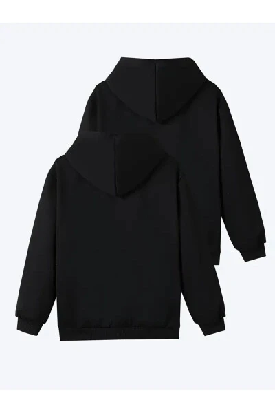 2 li Paket Kız-Erkek Çocuk Baskısız Kapüşonlu Sweatshirt-2 - BAXIA (1)