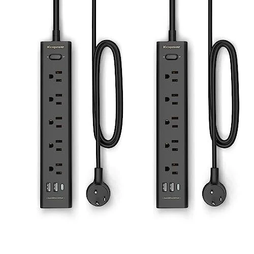 2 Pack Power Strip Surge Protector-5 Widely Spaced Outlets 3 USB Ports(1 USB C Port),1250W/10A with 5Ft Extension Cord, Power Strips with Surge Protection, Wall Mount for Home Office,Black 