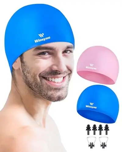 2 Pack Silicone Swim Cap for Men Women, Unisex Adult Swimming Caps for Short/Long Hair to Keep Hair Dry, Waterproof Bathing Caps for Swimming with Ear Plugs & Nose Clip Set - 1