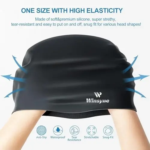 2 Pack Silicone Swim Cap for Men Women, Unisex Adult Swimming Caps for Short/Long Hair to Keep Hair Dry, Waterproof Bathing Caps for Swimming with Ear Plugs & Nose Clip Set - 4
